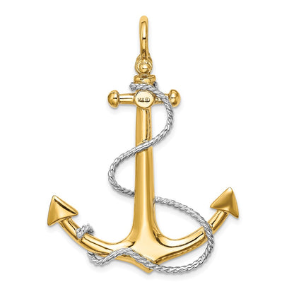 14k Yellow u0026 Rhodium Gold w/Rhodium 3-D Large Anchor w/Rope and Shackle Bail Charm