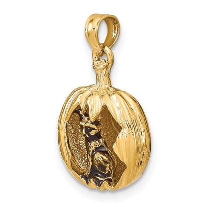 14k Yellow u0026 Rhodium Gold w/Rhodium 3-D Jack-o-Lantern w/Enameled Black Cat and Moon Charm