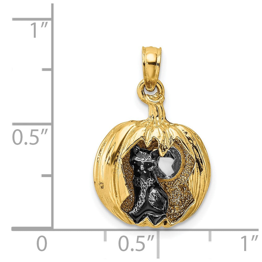 14k Yellow u0026 Rhodium Gold w/Rhodium 3-D Jack-o-Lantern w/Enameled Black Cat and Moon Charm
