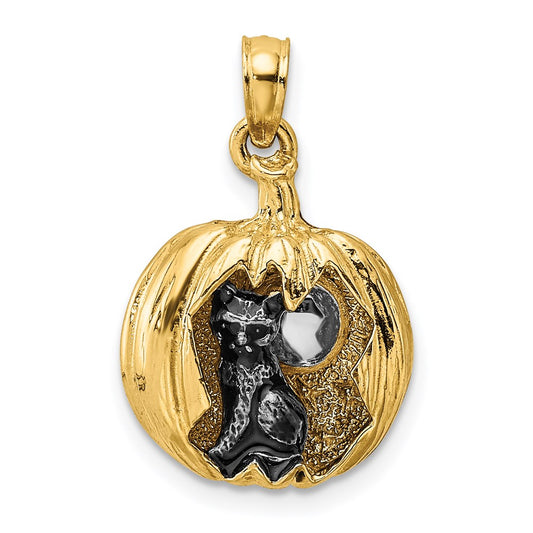 14k Yellow u0026 Rhodium Gold w/Rhodium 3-D Jack-o-Lantern w/Enameled Black Cat and Moon Charm