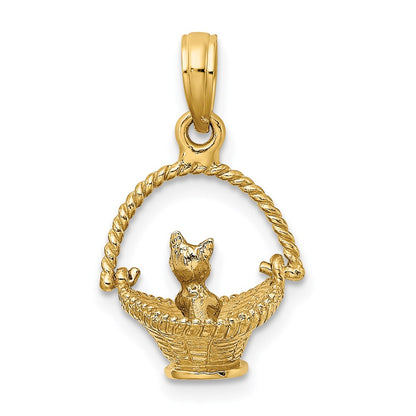 14k Two-tone Gold w/ Rhodium 3-D Tiny Cat In Basket Charm