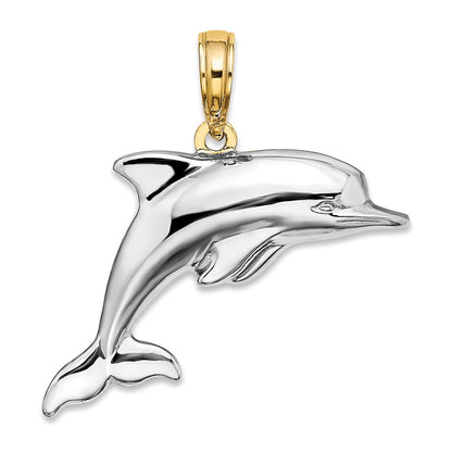 14k Yellow u0026 Rhodium Gold w/Rhodium 3-D Reversible Puffed Dolphin Charm