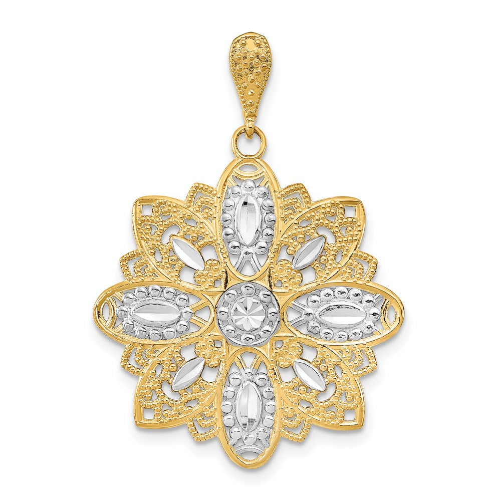 14k Yellow u0026 Rhodium Gold w/Rhodium D/C and Filigree Flower Charm