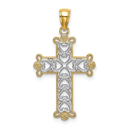 14k Yellow u0026 Rhodium Gold w/Rhodium Polished and Textured Beaded Cross Charm
