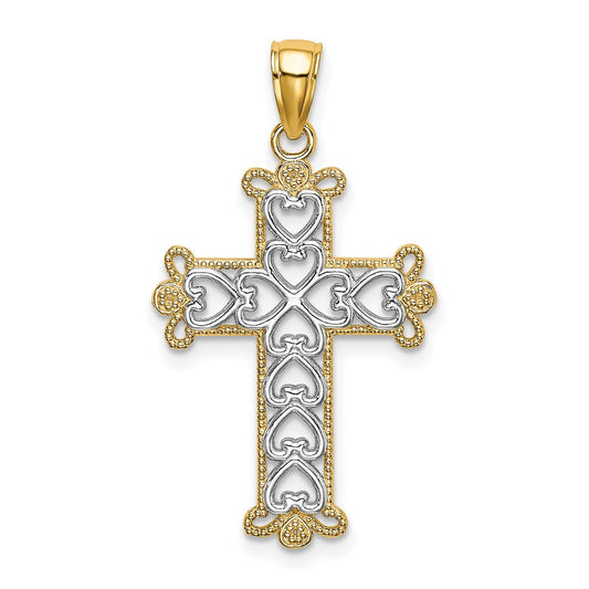 14k Yellow u0026 Rhodium Gold w/Rhodium Polished and Textured Beaded Cross Charm