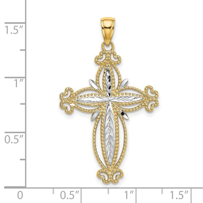 14k Yellow u0026 Rhodium Gold W/ Rhodium D/C Puffed Cross Charm