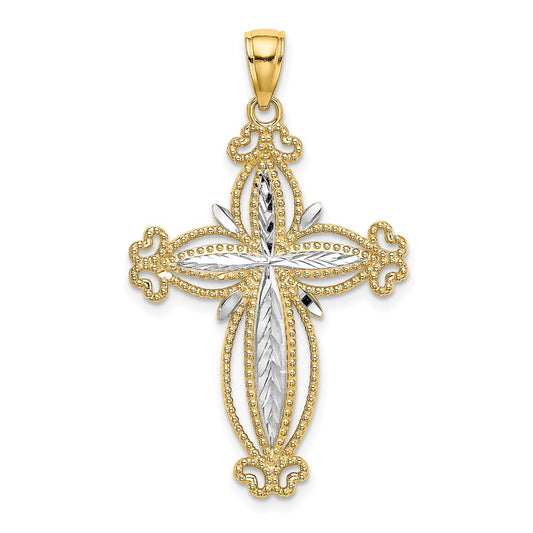 14k Yellow u0026 Rhodium Gold W/ Rhodium D/C Puffed Cross Charm