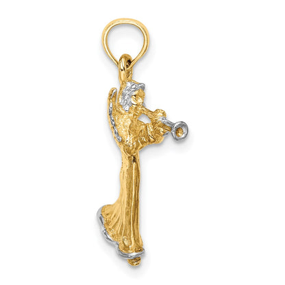 14k Yellow u0026 Rhodium Gold w/ White Rhodium 3-D Angel Playing Trumpet Charm