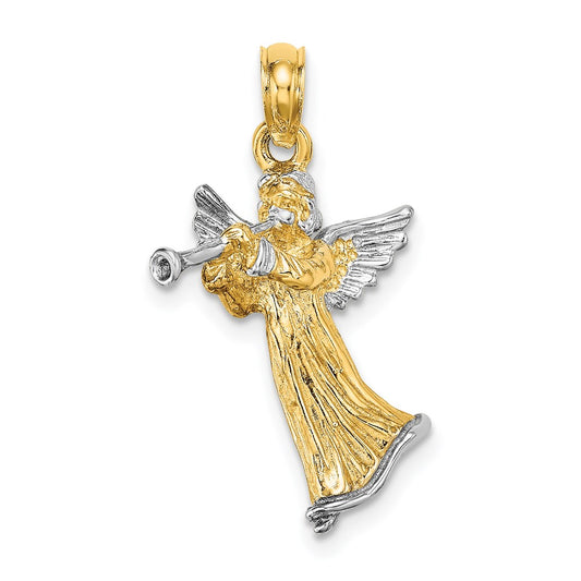 14k Yellow u0026 Rhodium Gold w/ White Rhodium 3-D Angel Playing Trumpet Charm