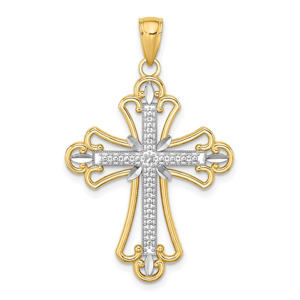 14k Yellow u0026 Rhodium Gold W/ Rhodium Textured Block Cross Charm