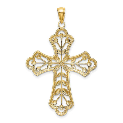 14k Yellow u0026 Rhodium Gold W/ Rhodium and D/C Leaves And Beaded Cross Charm