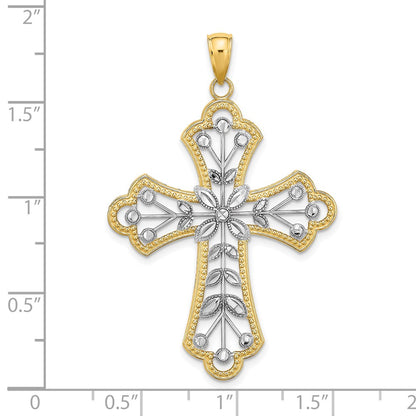 14k Yellow u0026 Rhodium Gold W/ Rhodium and D/C Leaves And Beaded Cross Charm