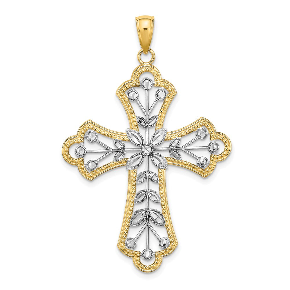 14k Yellow u0026 Rhodium Gold W/ Rhodium and D/C Leaves And Beaded Cross Charm