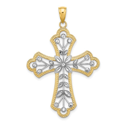 14k Yellow u0026 Rhodium Gold W/ Rhodium and D/C Leaves And Beaded Cross Charm