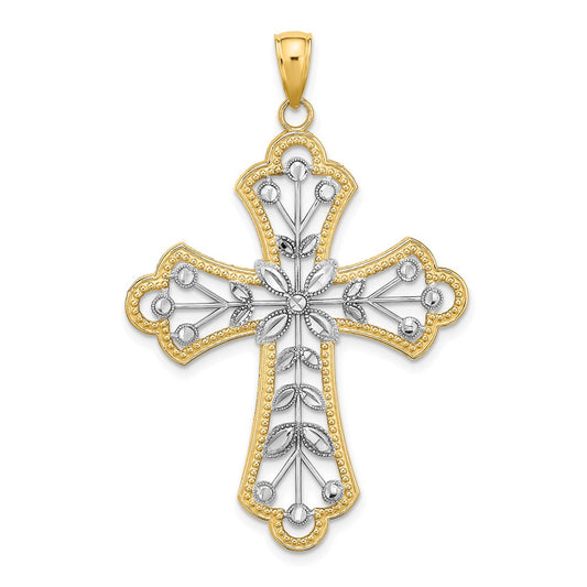 14k Yellow u0026 Rhodium Gold W/ Rhodium and D/C Leaves And Beaded Cross Charm