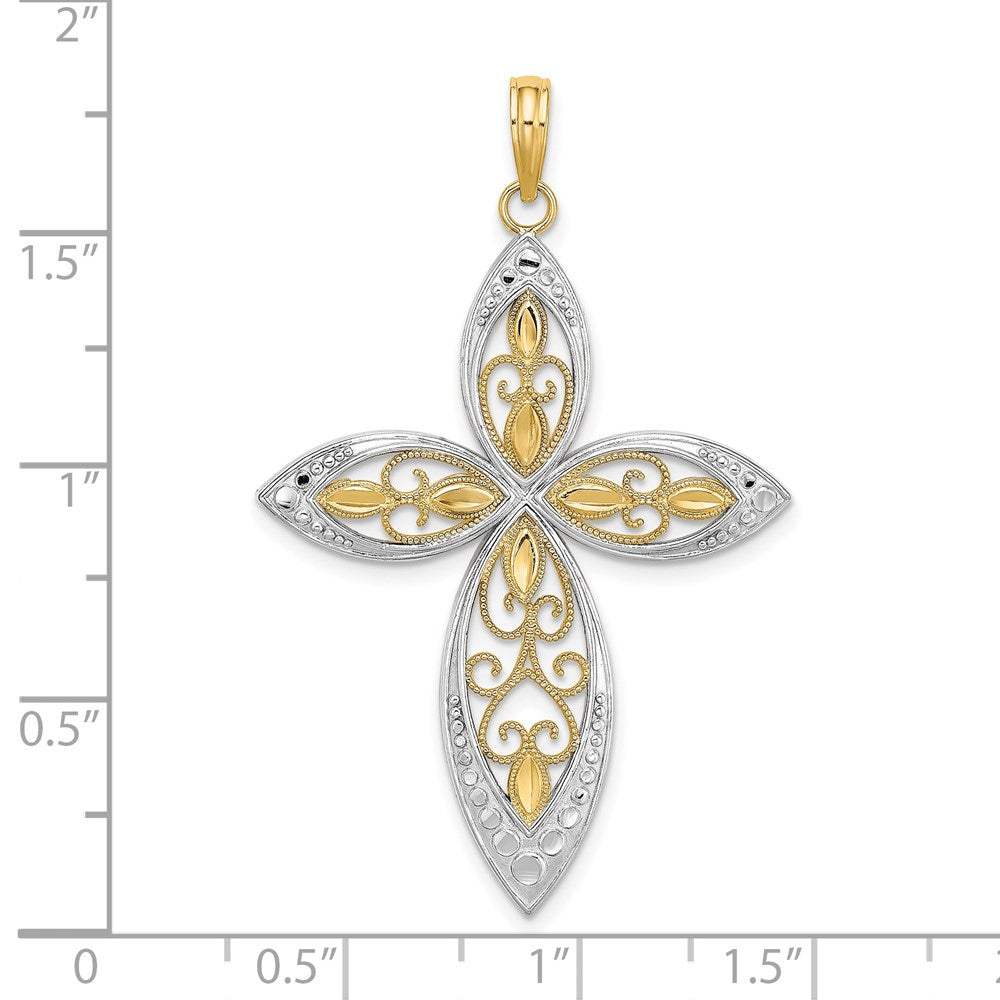 14k Yellow u0026 Rhodium Gold W/ Rhodium Beaded Filigree Cross Charm