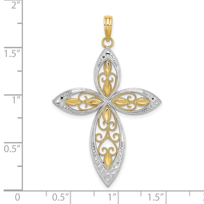 14k Yellow u0026 Rhodium Gold W/ Rhodium Beaded Filigree Cross Charm