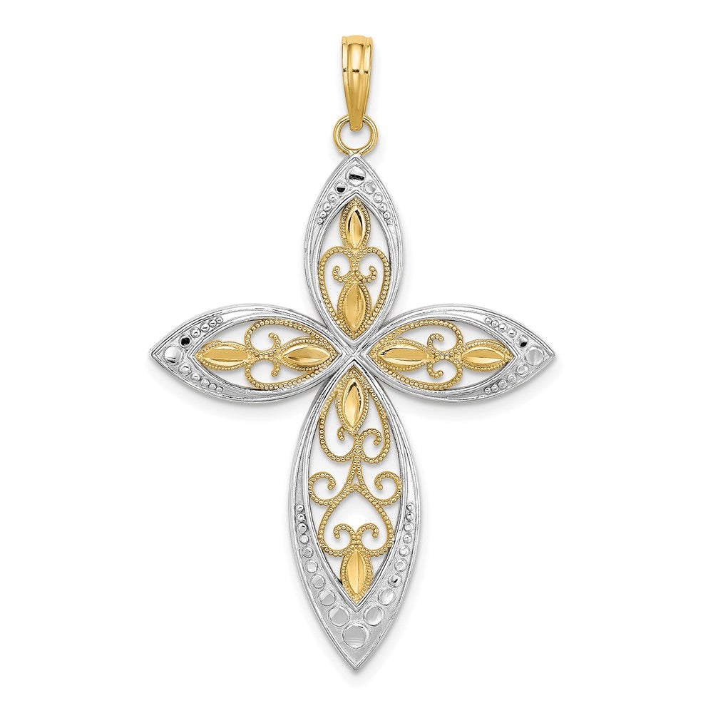 14k Yellow u0026 Rhodium Gold W/ Rhodium Beaded Filigree Cross Charm