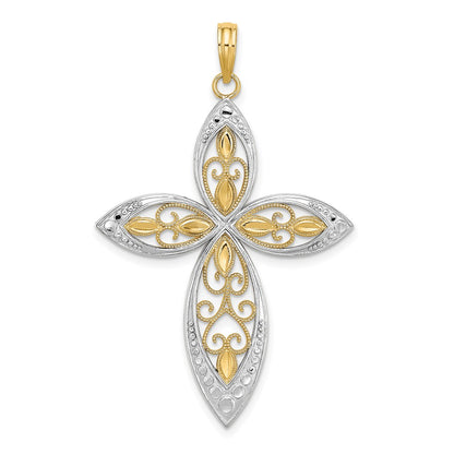 14k Yellow u0026 Rhodium Gold W/ Rhodium Beaded Filigree Cross Charm