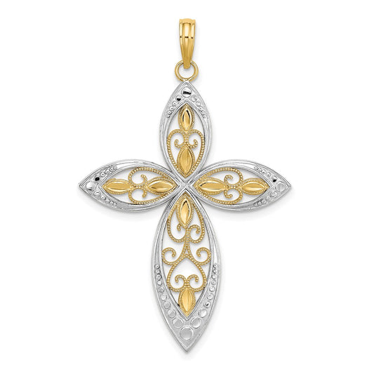 14k Yellow u0026 Rhodium Gold W/ Rhodium Beaded Filigree Cross Charm