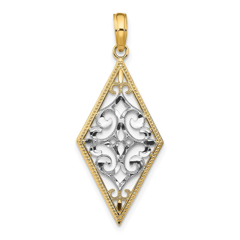 14k Yellow u0026 Rhodium Gold w/Rhodium Diamond Shape Cut-Out Filigree Charm