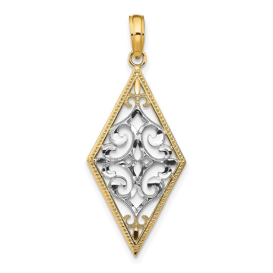 14k Yellow u0026 Rhodium Gold w/Rhodium Diamond Shape Cut-Out Filigree Charm
