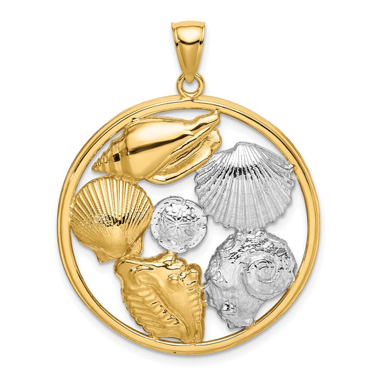 14k Yellow u0026 Rhodium Gold with White Rhodium Shell Cluster in Circle Charm