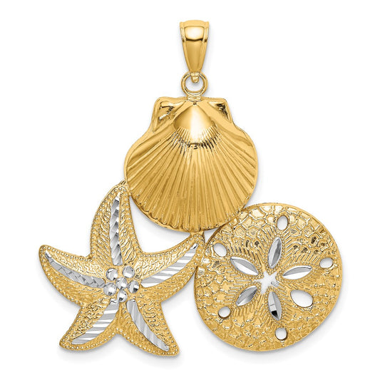14k Yellow u0026 Rhodium Gold with White Rhodium Diamond-cut Scallop Starfish Sand Dollar Charm