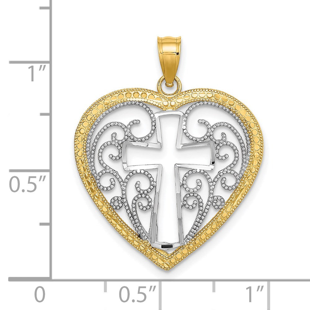 14k Yellow u0026 Rhodium Gold w/Rhodium Cut-Out and Beaded Filigree Heart w/Cross Charm
