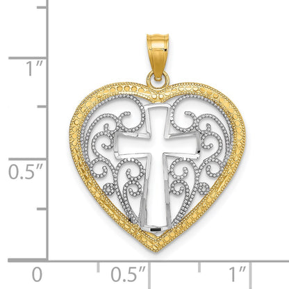 14k Yellow u0026 Rhodium Gold w/Rhodium Cut-Out and Beaded Filigree Heart w/Cross Charm