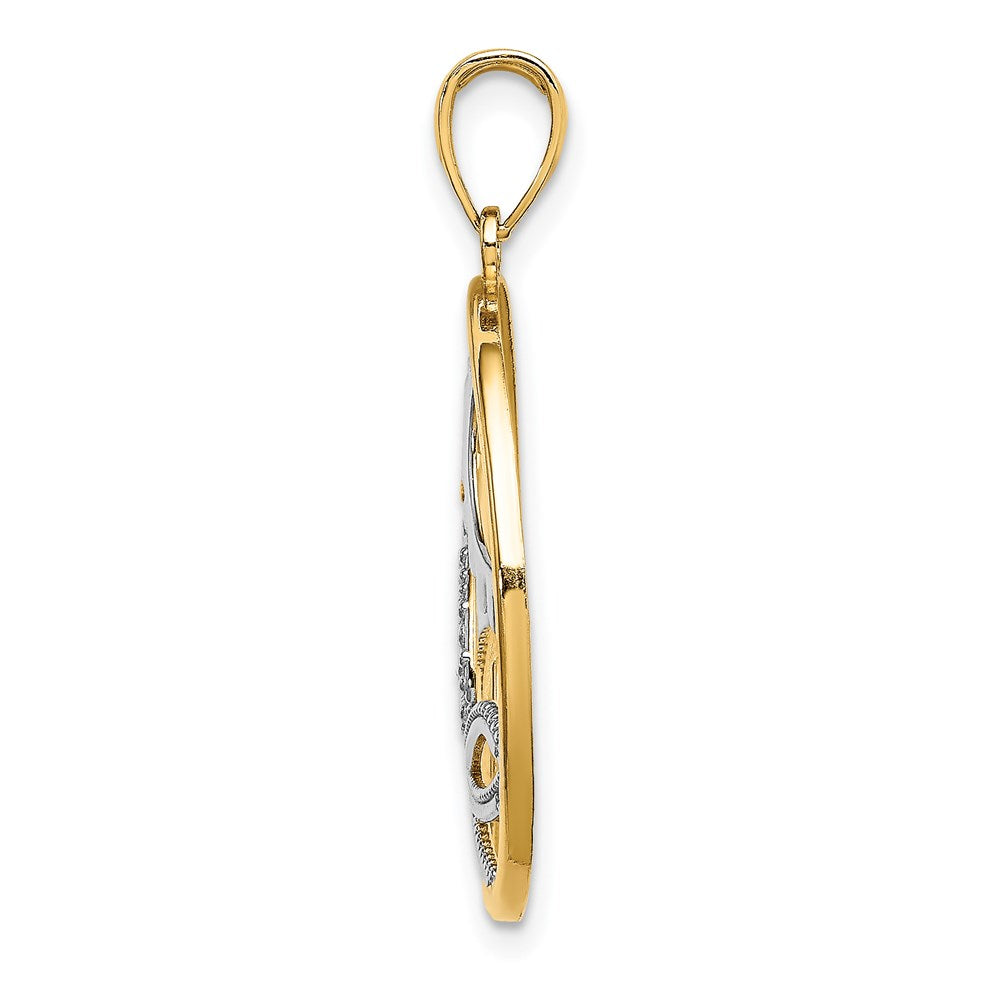 14k Yellow & Rhodium Gold w/Rhodium Sun Sailboat Water Seagulls Circle Charm