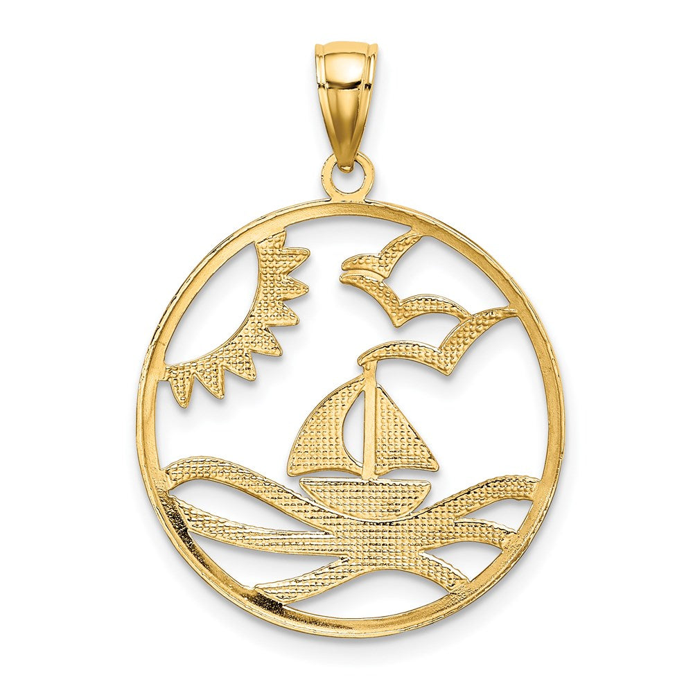 14k Yellow & Rhodium Gold w/Rhodium Sun Sailboat Water Seagulls Circle Charm