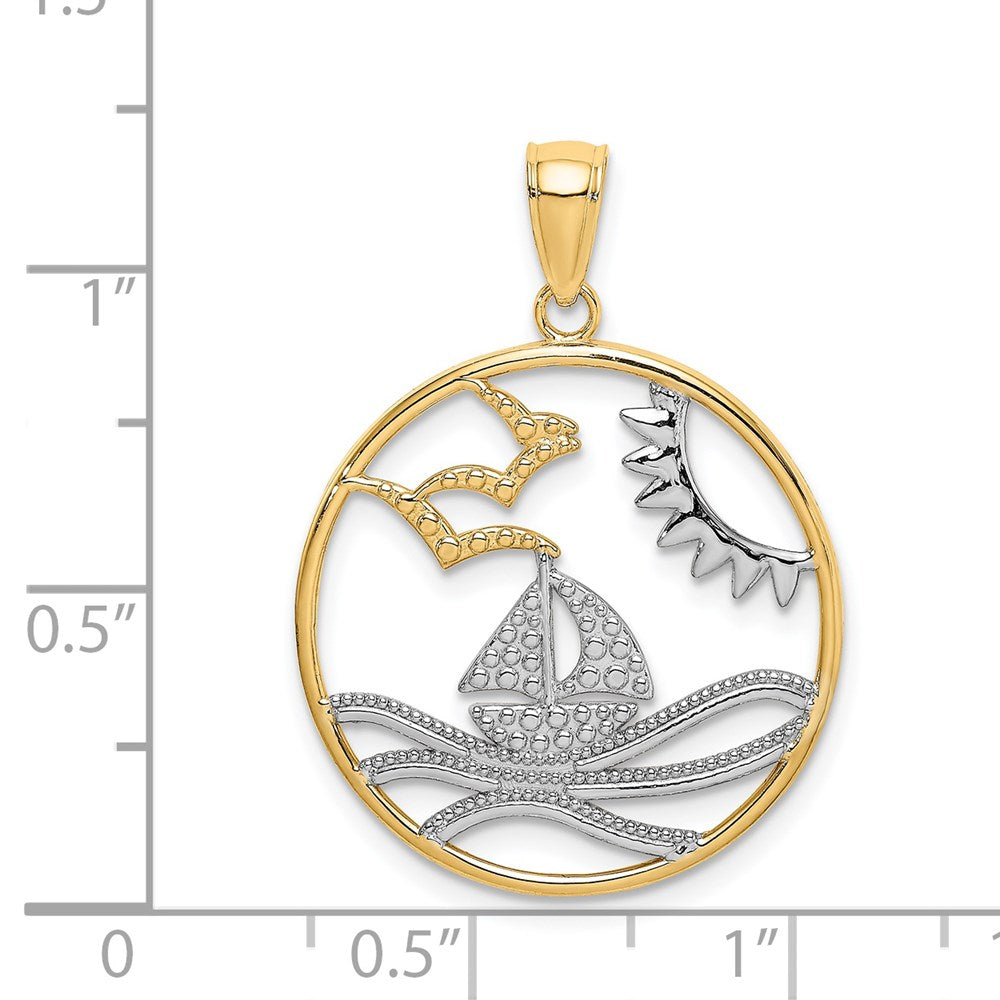 14k Yellow & Rhodium Gold w/Rhodium Sun Sailboat Water Seagulls Circle Charm