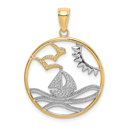 14k Yellow & Rhodium Gold w/Rhodium Sun Sailboat Water Seagulls Circle Charm