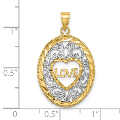 14k Yellow u0026 Rhodium Gold w/Rhodium LOVE Filigree Accent Oval Charm