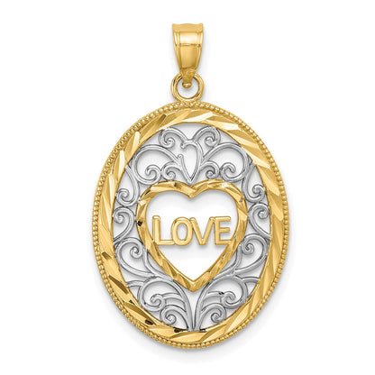 14k Yellow u0026 Rhodium Gold w/Rhodium LOVE Filigree Accent Oval Charm