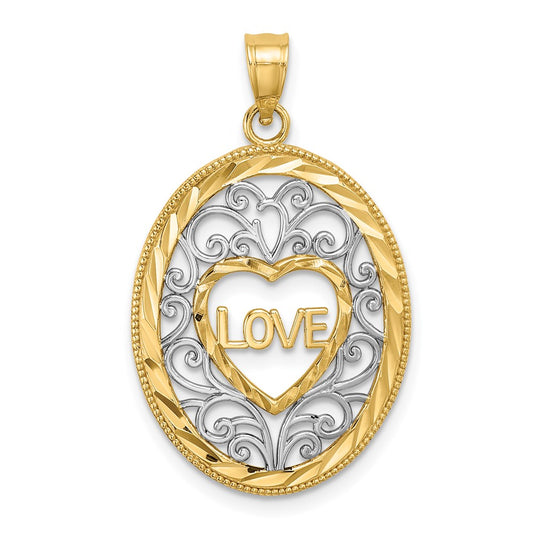 14k Yellow u0026 Rhodium Gold w/Rhodium LOVE Filigree Accent Oval Charm