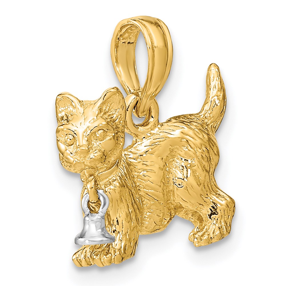 14k Two-tone Gold Two-tone Gold 3-D Cat w/ Dangling Bell Charm