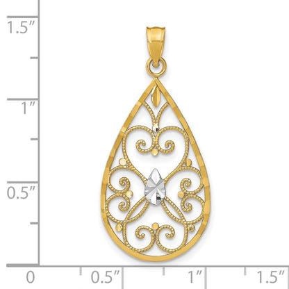 14k Yellow u0026 Rhodium Gold w/Rhodium Heart Beaded Filigree D/C Teardrop Charm