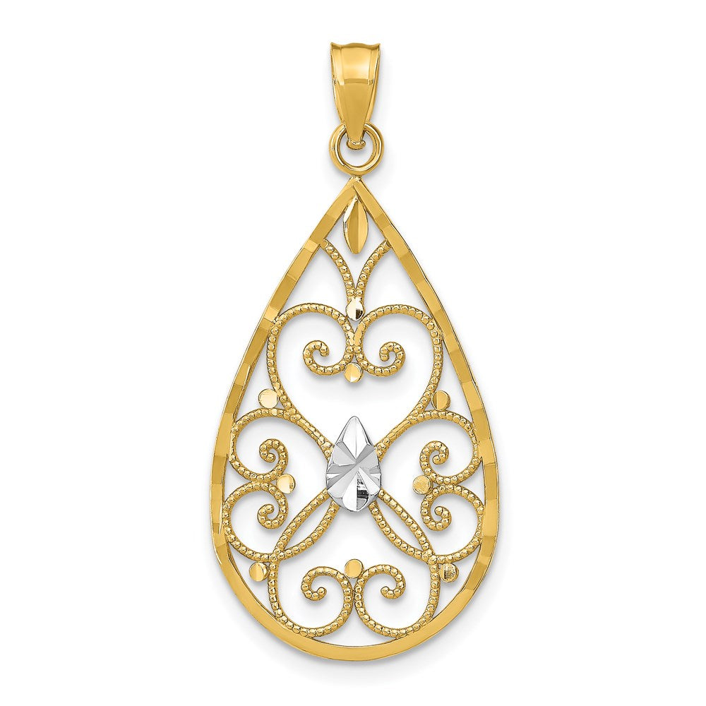 14k Yellow u0026 Rhodium Gold w/Rhodium Heart Beaded Filigree D/C Teardrop Charm