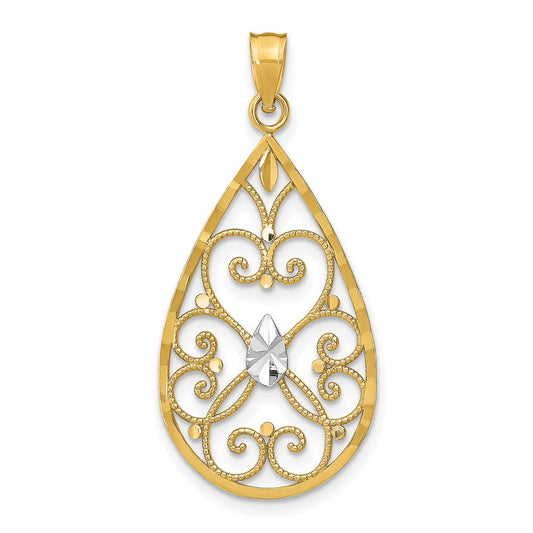14k Yellow u0026 Rhodium Gold w/Rhodium Heart Beaded Filigree D/C Teardrop Charm
