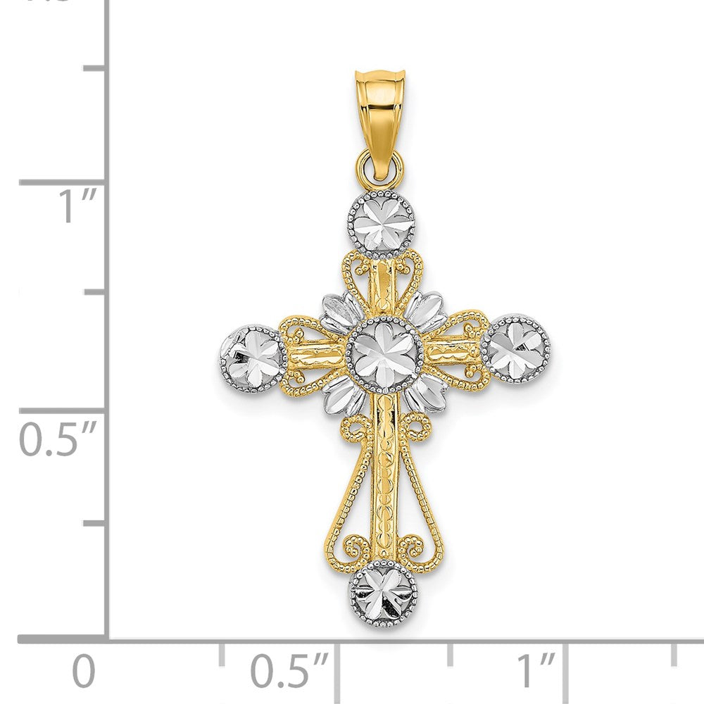 14k Yellow u0026 Rhodium Gold W/ Rhodium D/C Flower Design Cross Charm