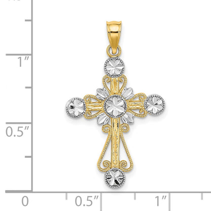 14k Yellow u0026 Rhodium Gold W/ Rhodium D/C Flower Design Cross Charm