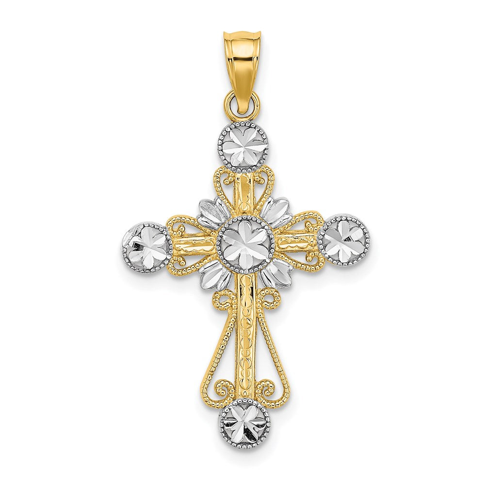 14k Yellow u0026 Rhodium Gold W/ Rhodium D/C Flower Design Cross Charm