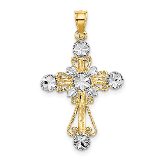 14k Yellow u0026 Rhodium Gold W/ Rhodium D/C Flower Design Cross Charm