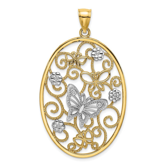 14k Two-tone Gold Two-tone Gold w/Rhodium Butterfly and Flowers in Oval Frame Charm