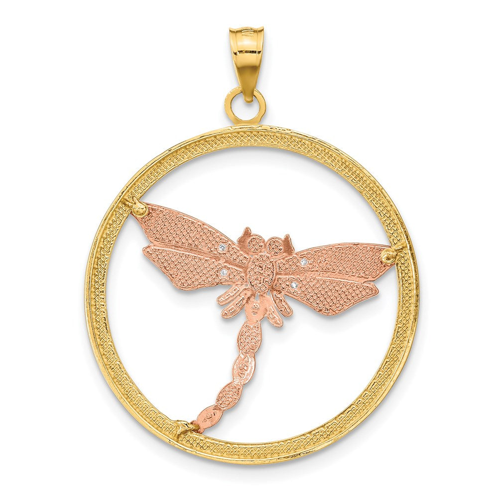 14k Two-tone Gold White Rhodium Textured Dragonfly in Round Frame Charm