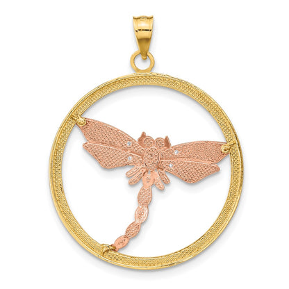 14k Two-tone Gold White Rhodium Textured Dragonfly in Round Frame Charm