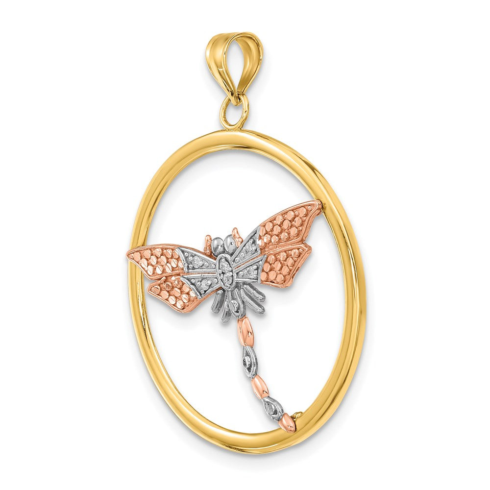 14k Two-tone Gold White Rhodium Textured Dragonfly in Round Frame Charm