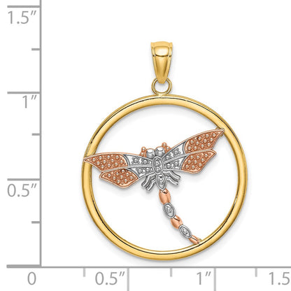 14k Two-tone Gold White Rhodium Textured Dragonfly in Round Frame Charm